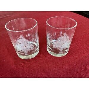 Saks Fifth Avenue Etched Christmas Tree Whiskey Glasses Set of 2 Signed
